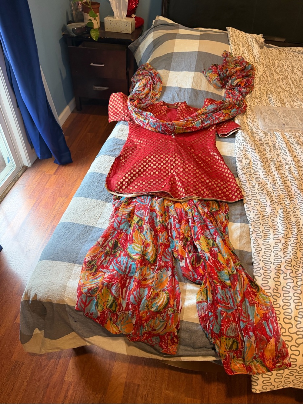 High-Low Women’s Dress in Red with Multicolor Skirt